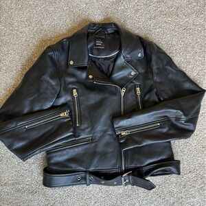 Zara Black Leather Biker Jacket with Zip Details